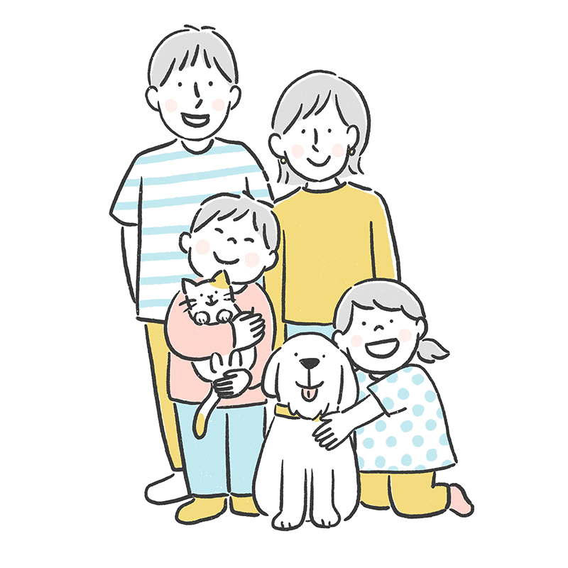 家族と犬・猫の集合イラスト